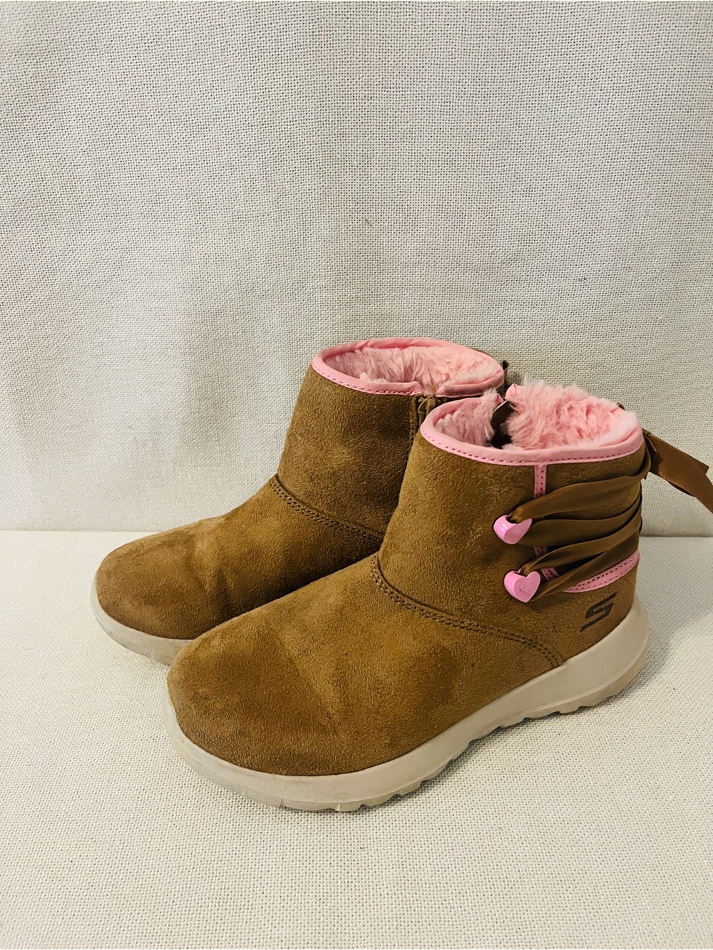 Skechers Kids Brown Suede Boots with Pink Fur Trim